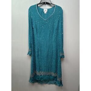 Vintage‎ 90's TBD Sequin Dress Womens 16W Teal Silk Shift Party Classic Retro